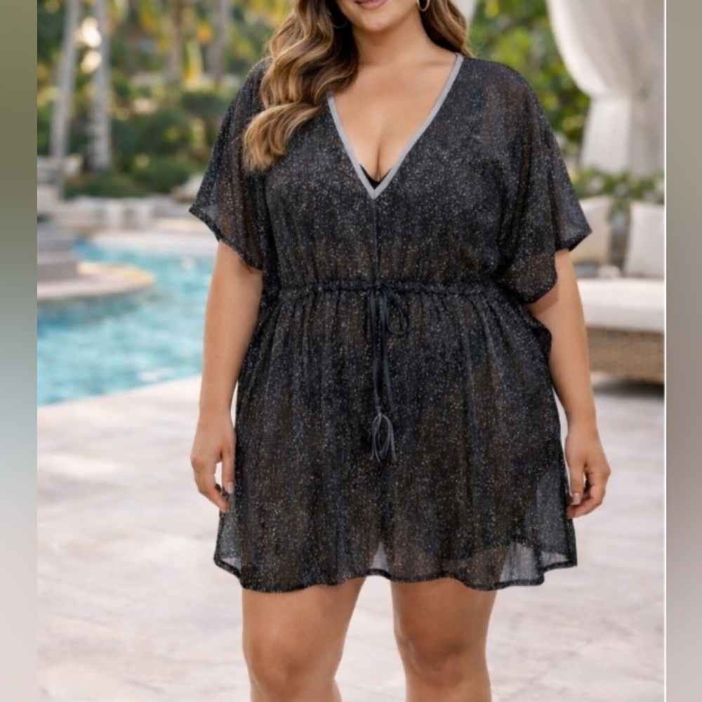 NWT L/XL Metallic Sheer Mini Swimsuit Coverup | Drawstring Waist